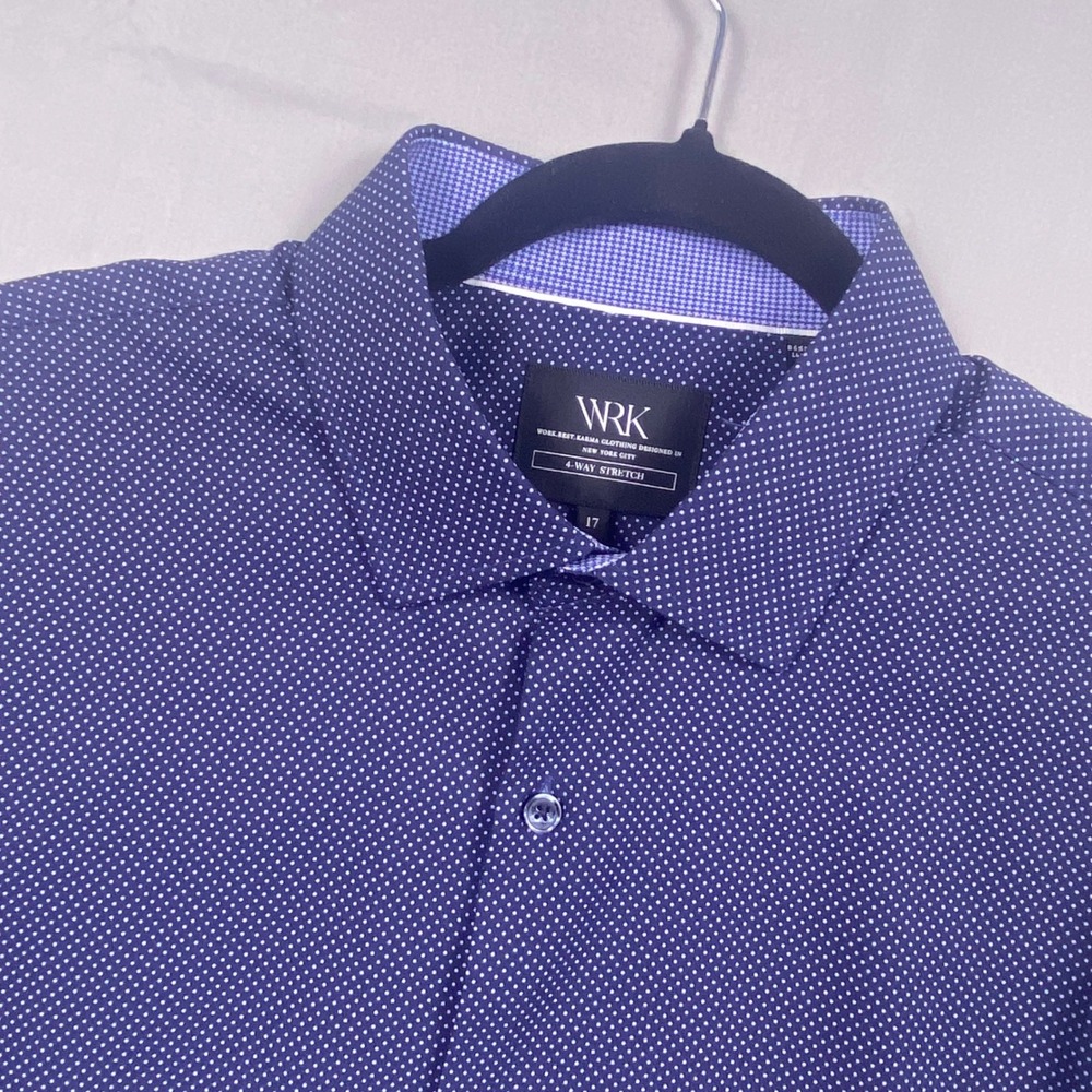 WRK 4-Way Stretch Dress Shirt Mens 17 Blue Polka Dot‎ Stretch Spandex Business